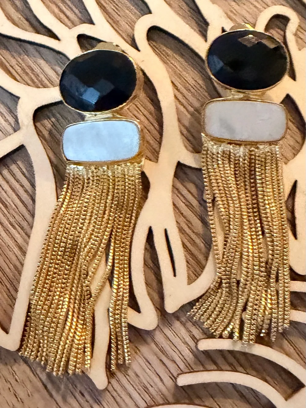 Gold Tassel Drop Earrings with Black Onyx and Mother Of Pearl - Picture 3 of 8